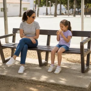 banco eco ciudad ecológico de plástico reciclado donde hay una madre y una hija