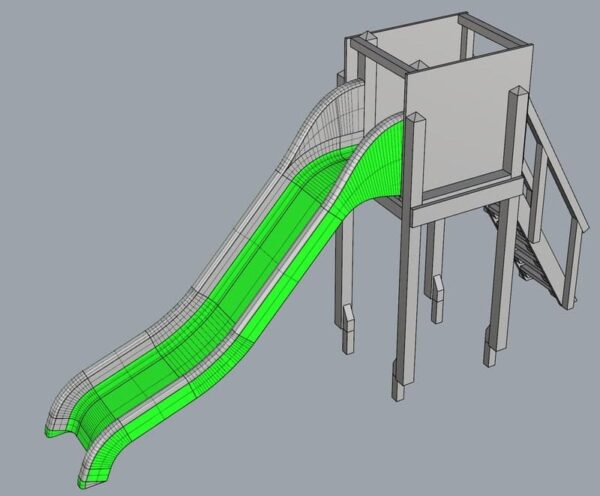 Detalleen 3D de torre ecológica de plástico reciclado con columpio