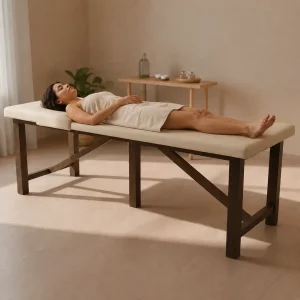 Detalle de señora sobre mesa de masajes eco de plástico reciclado