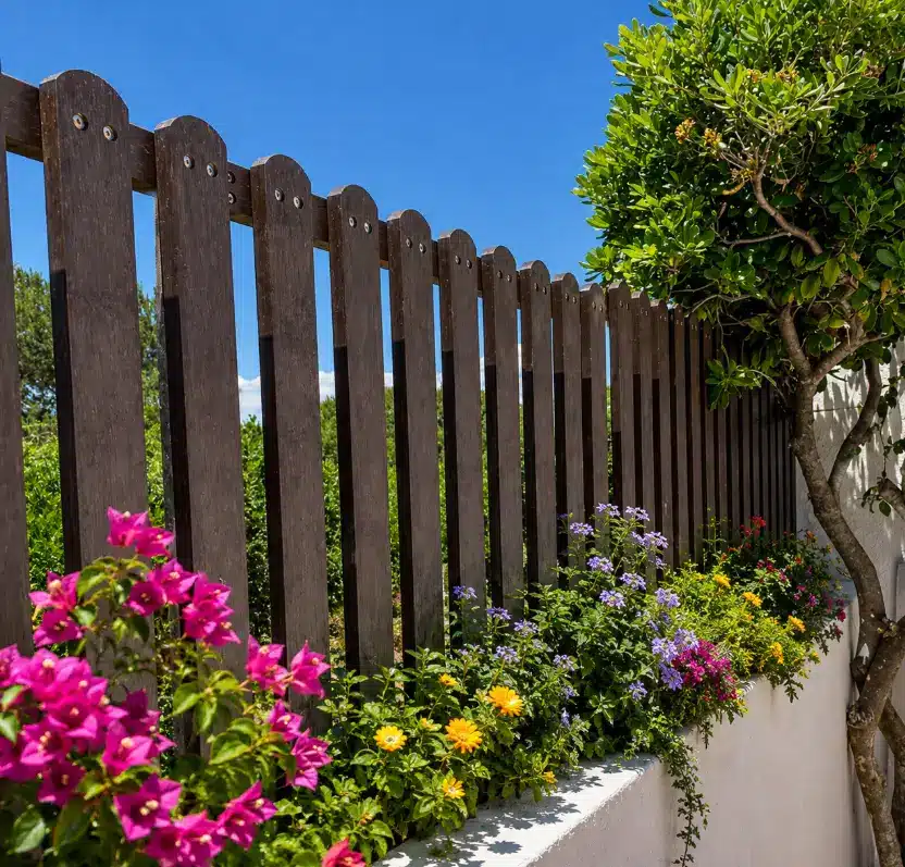 Detalle de Vallado Santi ecológico de plástico reciclado con jardineras de flores